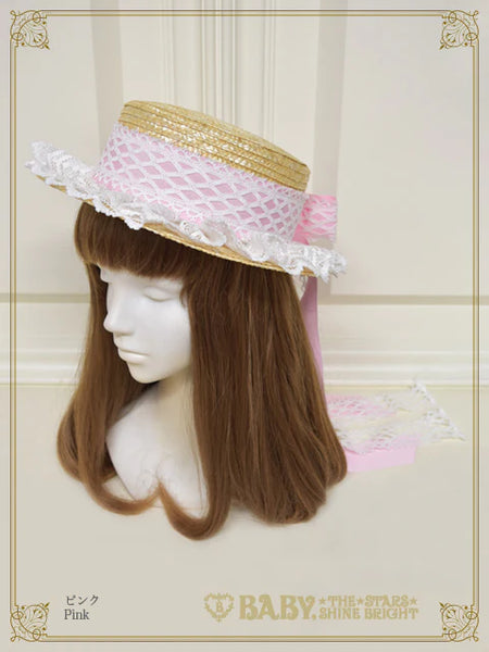 B48HA971 Torchon Lace and Grosgrain Ribbon Boater Hat