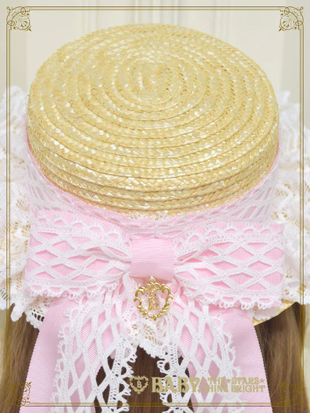 B48HA971 Torchon Lace and Grosgrain Ribbon Boater Hat