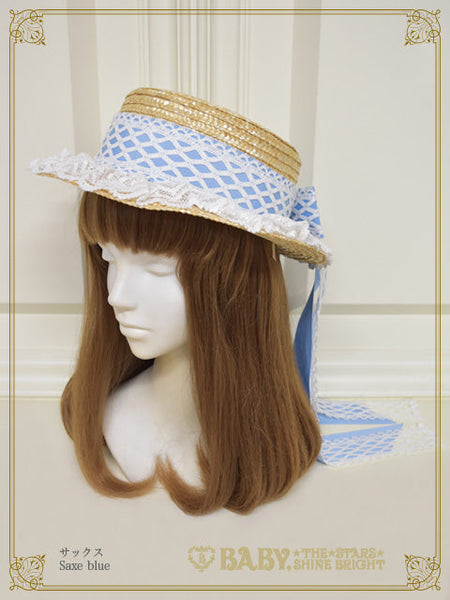 B48HA971 Torchon Lace and Grosgrain Ribbon Boater Hat