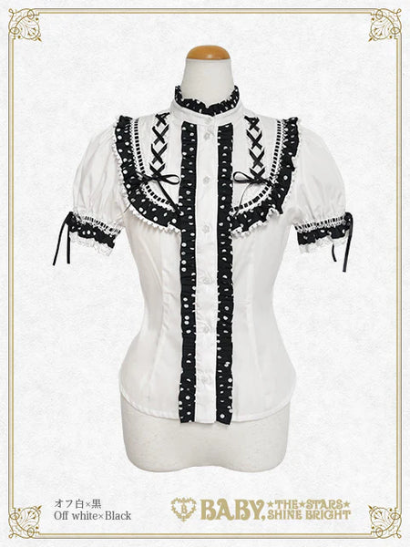 B49BL429 Milky Dot♡ Stand-Up Collar Half Sleeve Blouse