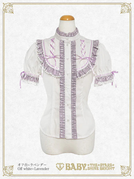 B49BL429 Milky Dot♡ Stand-Up Collar Half Sleeve Blouse
