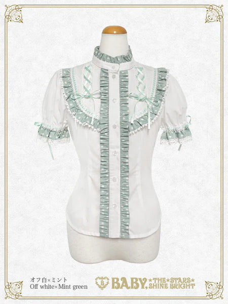 B49BL429 Milky Dot♡ Stand-Up Collar Half Sleeve Blouse