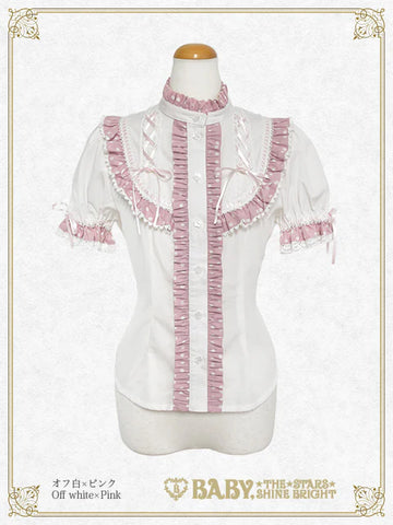 B49BL429 Milky Dot♡ Stand-Up Collar Half Sleeve Blouse