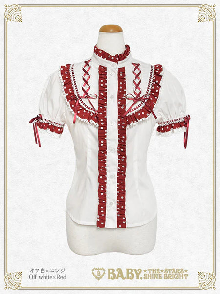 B49BL429 Milky Dot♡ Stand-Up Collar Half Sleeve Blouse
