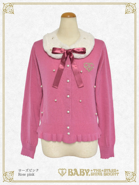 B49CD104 Fur Collar Pearl Cardigan