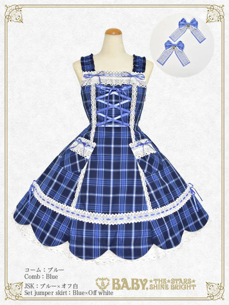 B49JS228 Tartan Check Scallop Jumperskirt & Lace Ribbon Comb Set