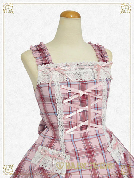 B49JS228 Tartan Check Scallop Jumperskirt & Lace Ribbon Comb Set