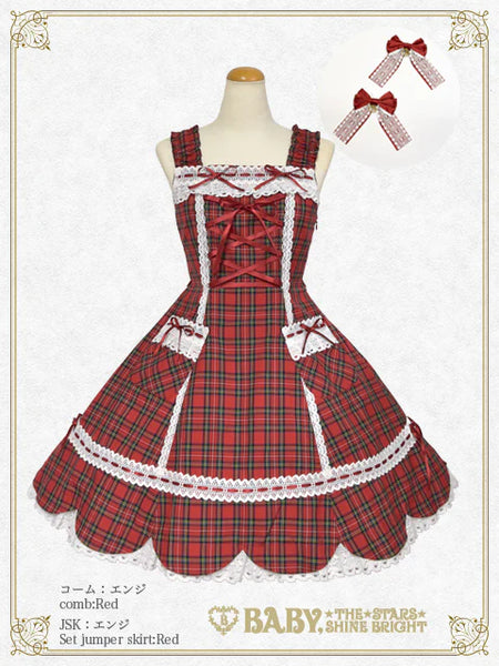 B49JS228 Tartan Check Scallop Jumperskirt & Lace Ribbon Comb Set