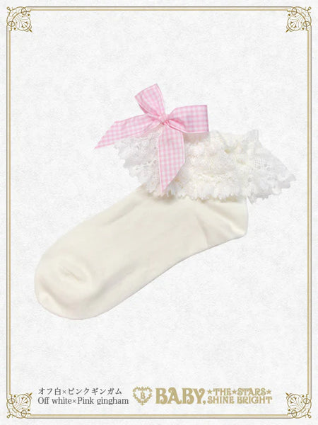 B49SC824 Gingham Ribbon Torsion Lace Ankle Socks