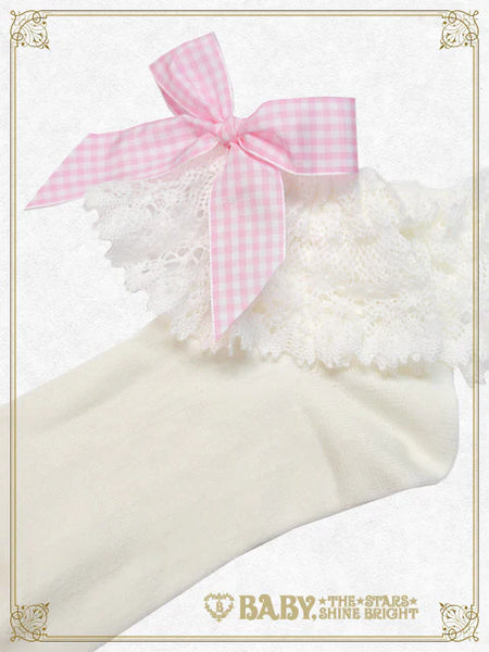 B49SC824 Gingham Ribbon Torsion Lace Ankle Socks