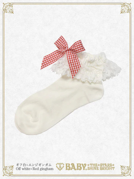 B49SC824 Gingham Ribbon Torsion Lace Ankle Socks