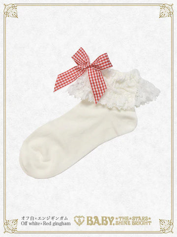 B49SC824 Gingham Ribbon Torsion Lace Ankle Socks