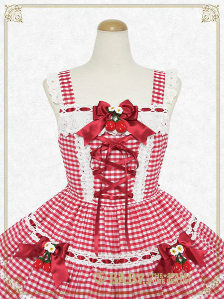 B50JS228 Swinging Strawberry's Happy Berry Present Gingham Jumperskirt