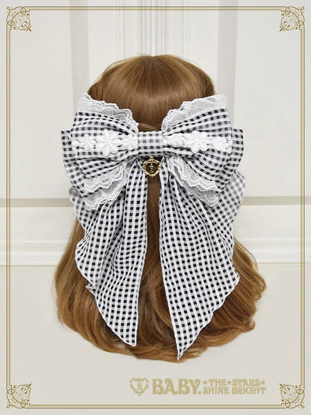 B49HA988 Fluffy Gingham Heart Ribbon Barrette